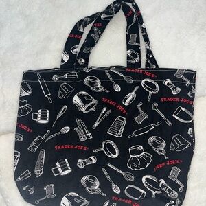 Trader Joe's Black Tote Bag with White and Red kitchen Print